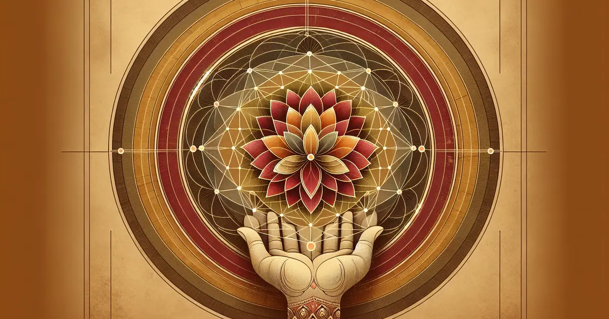 carl jung and vedanta — sacred geometry illustration in ochre and saffron tones