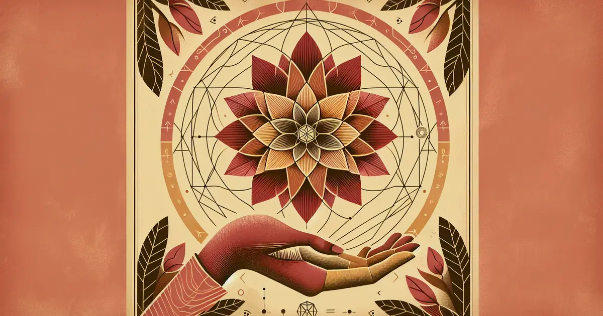 christian mysticism and vedanta — sacred geometry illustration in ochre and saffron tones