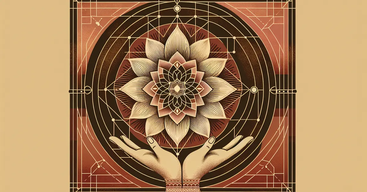 consciousness hard problem vedanta — sacred geometry illustration in ochre and saffron tones
