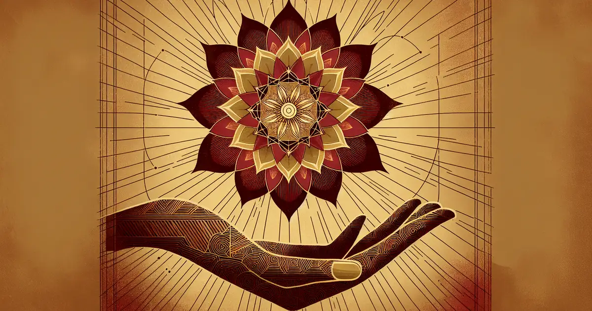 non dual vs dual philosophy — sacred geometry illustration in ochre and saffron tones