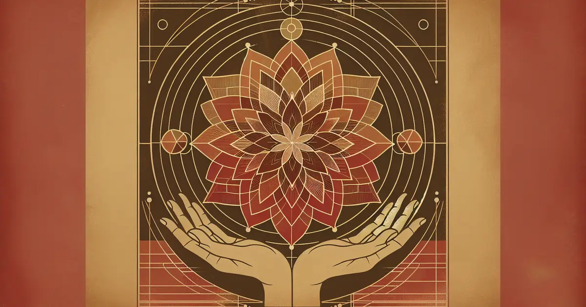 indian philosophy vs western philosophy — sacred geometry illustration in ochre and saffron tones