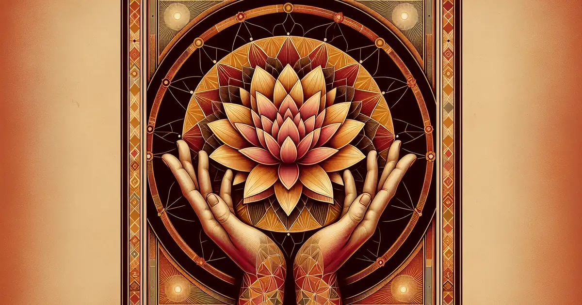existentialism and vedanta — sacred geometry illustration in ochre and saffron tones