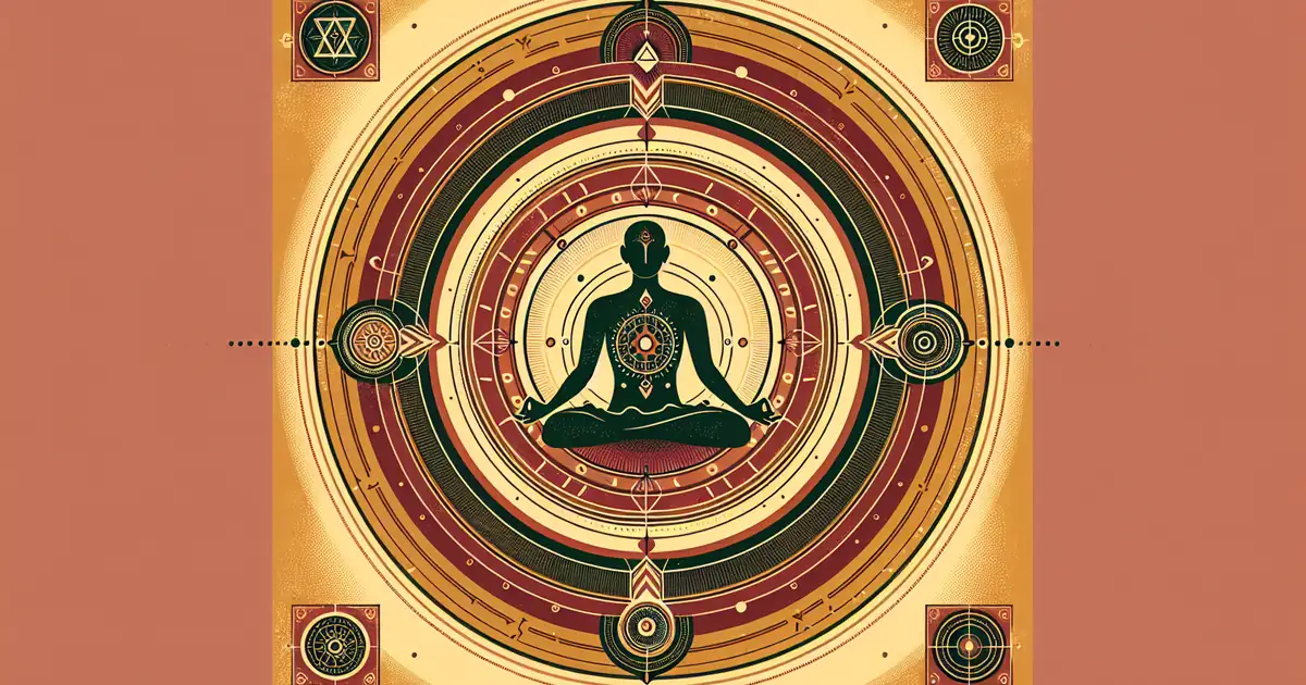 neuroscience of meditation hinduism — sacred geometry illustration in ochre and saffron tones