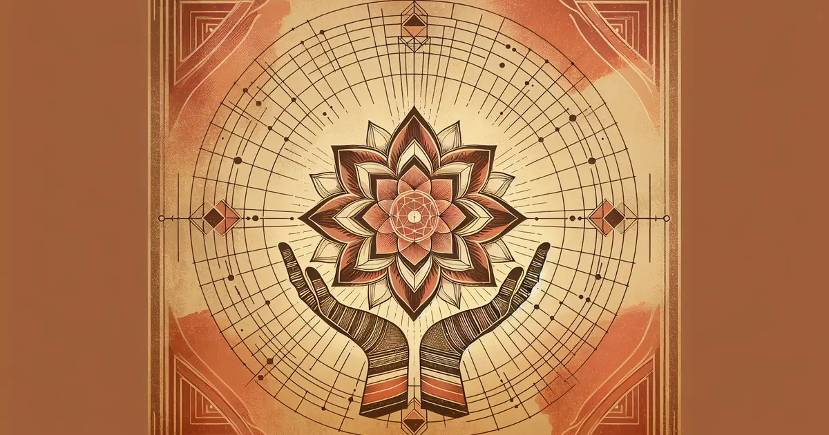 sufi mysticism and vedanta — sacred geometry illustration in ochre and saffron tones