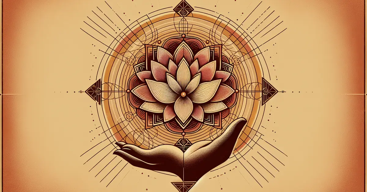 vedanta vs buddhism — sacred geometry illustration in ochre and saffron tones