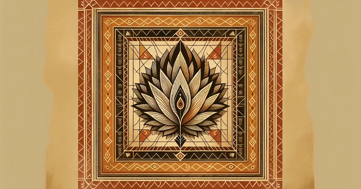 vedas vs upanishads — sacred geometry illustration in ochre and saffron tones